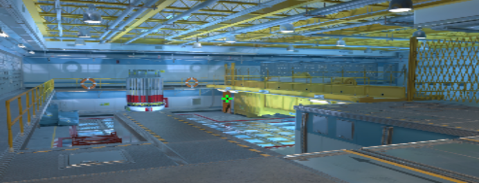 Grünes CS2-Fadenkreuz in einer blauen Industriehalle